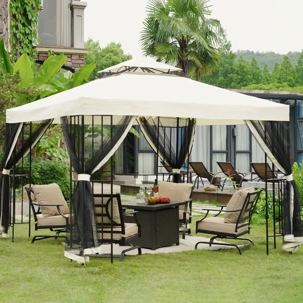 

10X10 FT Gazebo with Mosquito Netting and Curtains Outdoor, Patio Canopy for Deck Backyard Gardens Lawn, Gazebo