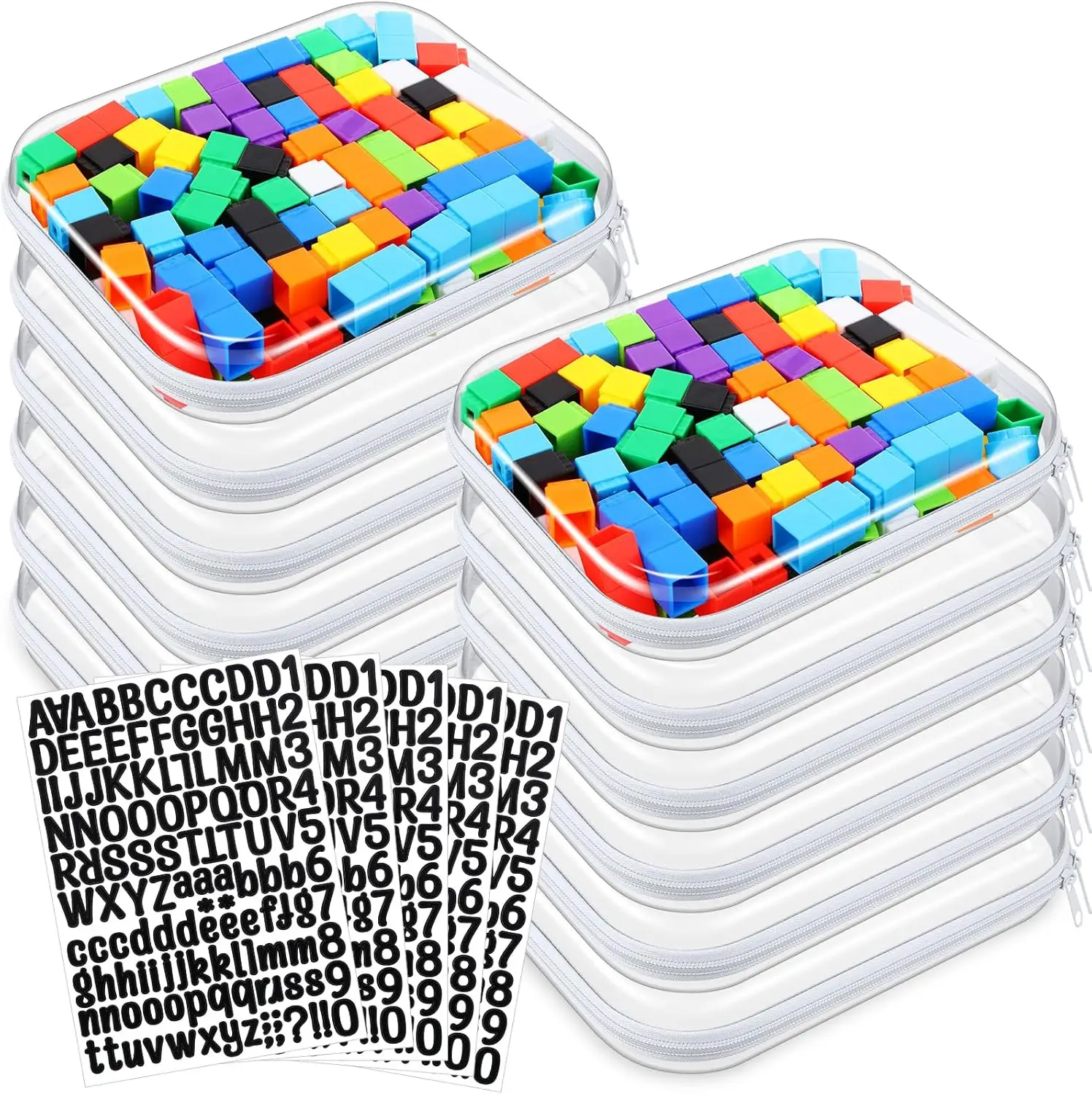 

12Pcs Clear Hard Zipper Case Plastic Zipper Pouch with 5 Sheets Alphabet Stickers Double Toy Storage Organizer Makeup Case