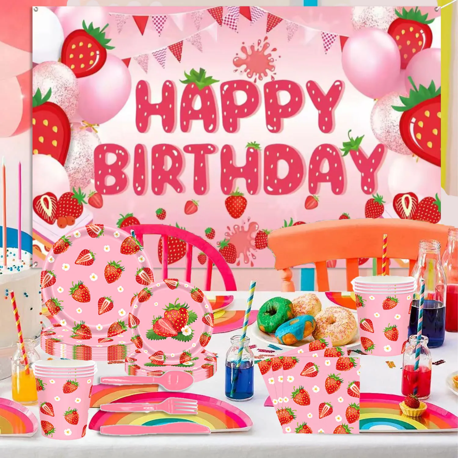 

Cartoon Pink Strawberry Theme Backdrop Girl's Birthday Party Decorations Fruit Disposable Tableware Tablecloth Plate Napkin Gift