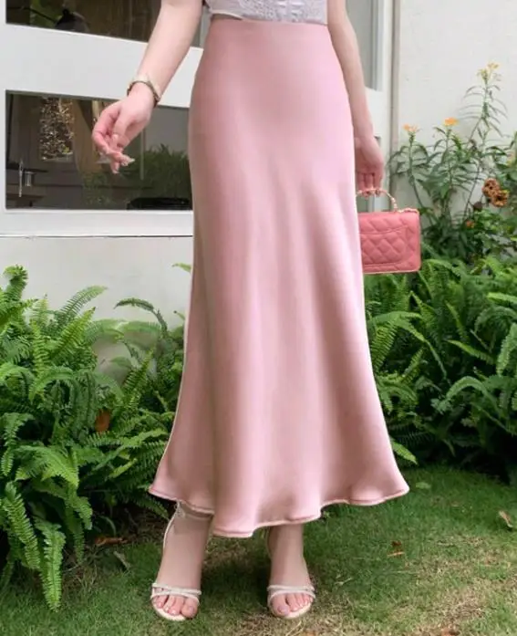 

Женская юбка: летняя новинка, модный стиль, элегантная однотонная модель с высокой талией, утягивающая, из шелкового атласа, универсальная, фасон «рыбий хвост»