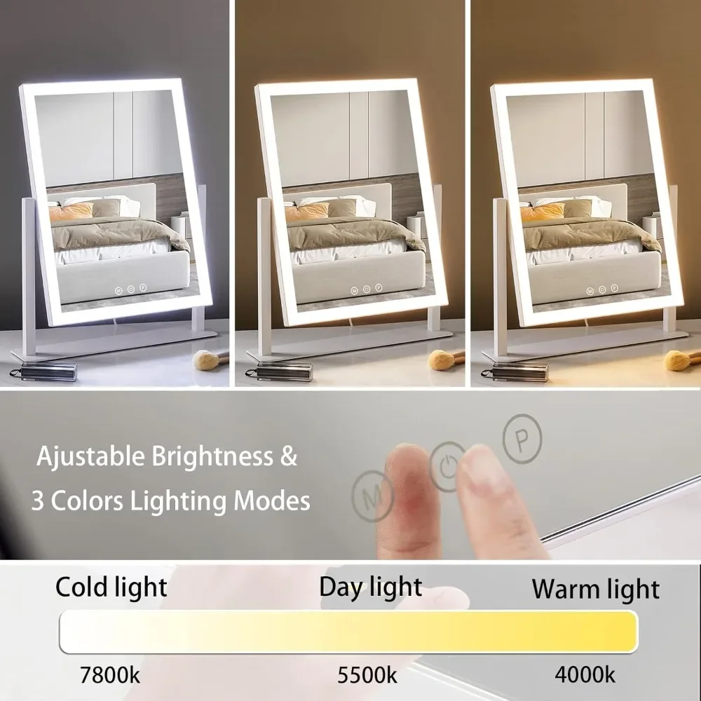 Lighted Makeup Mirror, Three Color Lighting Modes, and 5X Magnification Mirror, Smart Touch Control, 360°Rotation(15.2in. White)