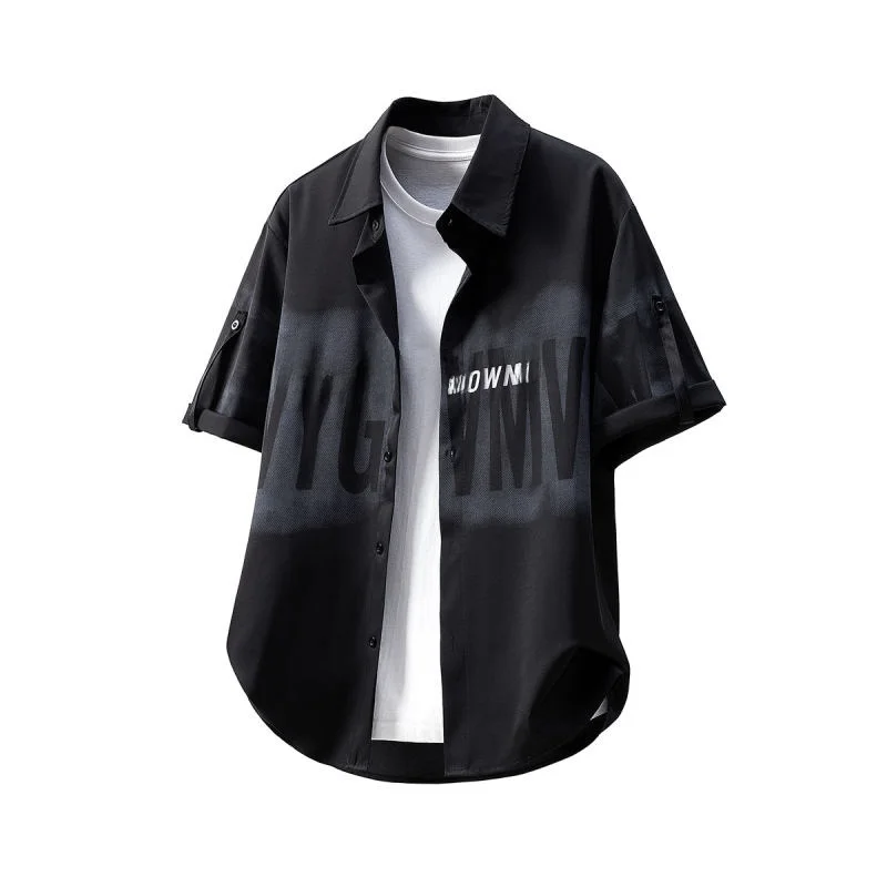 

Fashionable Ice Silk Letter Print Design Loose Large Size Short Sleeve Shirt Set Korean Hong Kong Style Summer Casual Wear