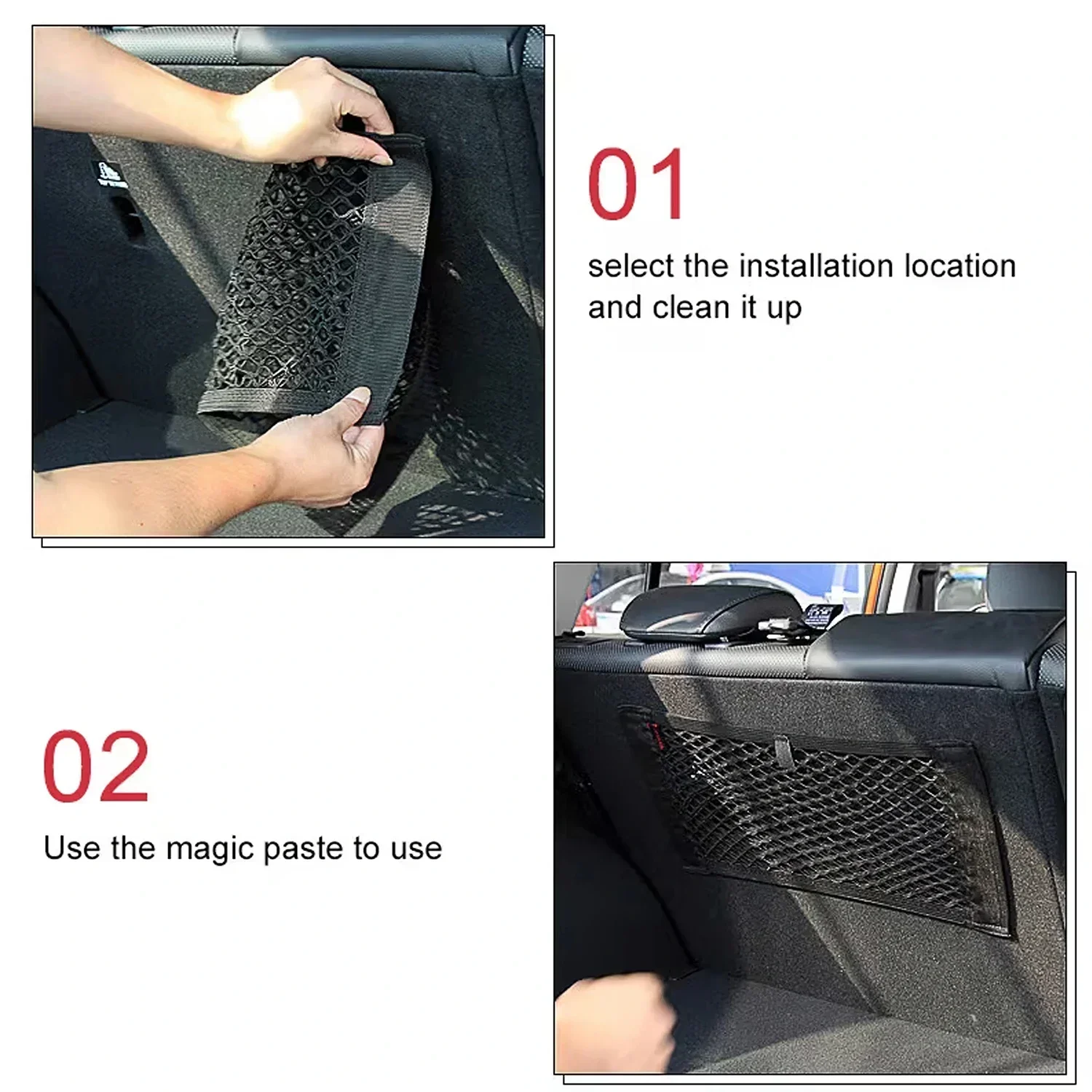 Paquete de 2 redes elásticas para organizar el maletero del coche: red organizadora con cinta adhesiva, sin necesidad de taladrar, fabricada en nailon flexible, para sujetar objetos y evitar que se rueden, ideal para botellas, herramientas, se adapta al maletero y al respaldo del asiento trasero, compatible con la mayoría de los coches, SUV y camionetas.