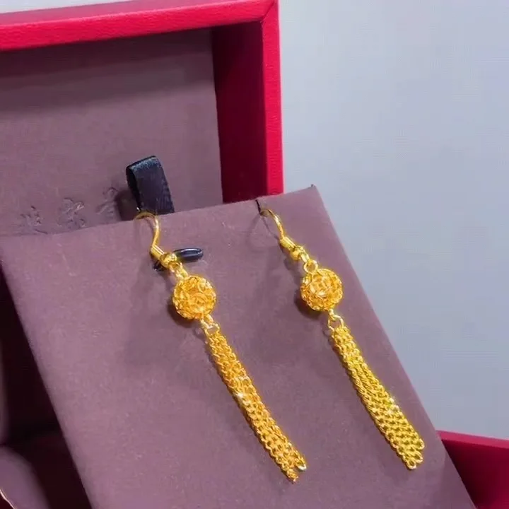 24K 9999 Pure Gold Hollow Lantern Earrings Chinese Vintage Hydrangea Tassel Earrings
