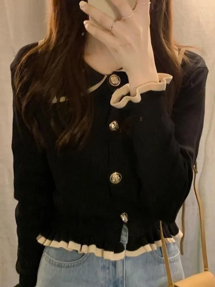 

Ruffles Sweet Cardigan Sweaters Women Fashion Slim Long Sleeve Knitted Short Coat Elegant Patchwork Korean Lady Black Tops