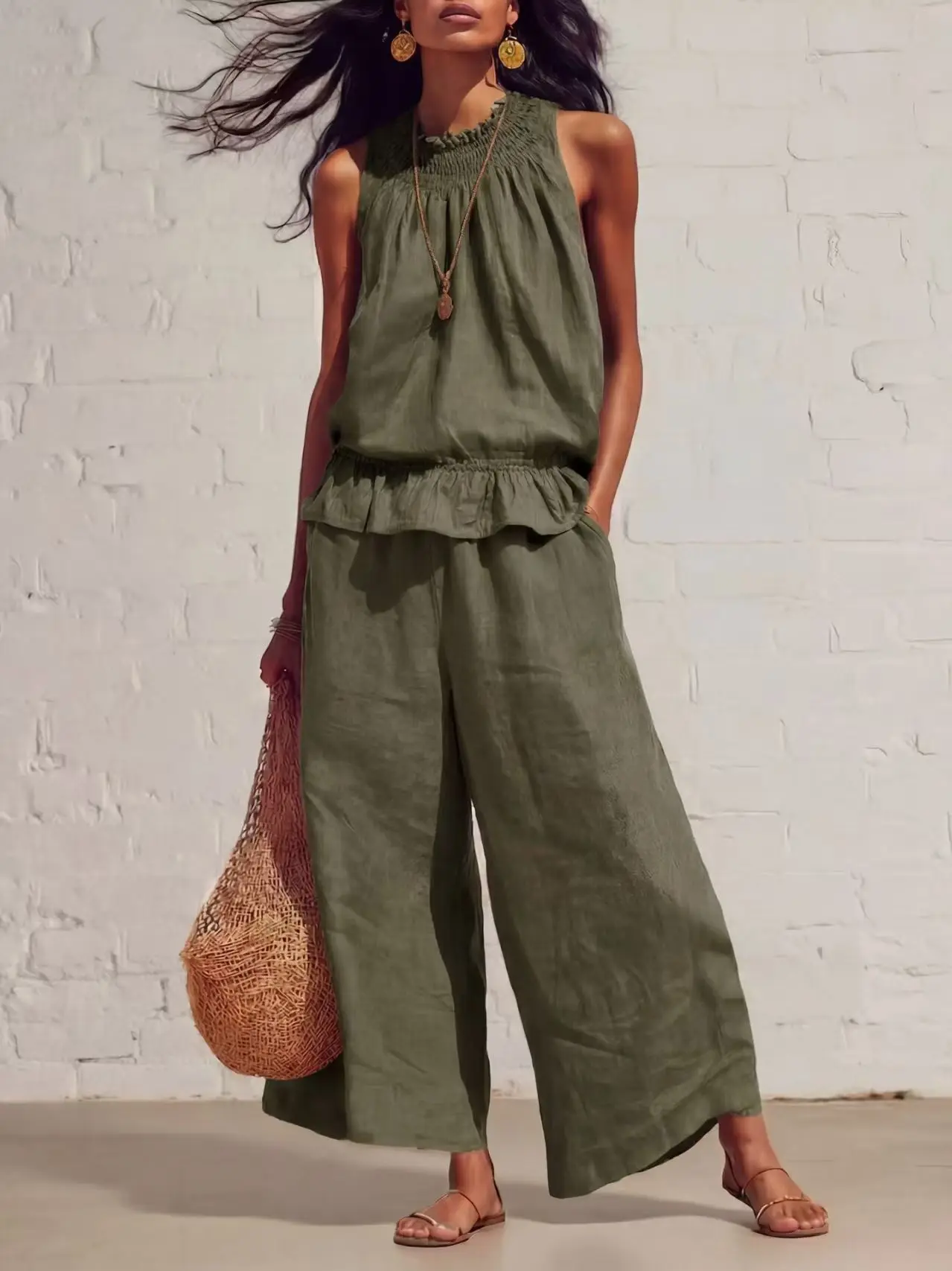 Women's Spring/summer New Collection Vintage Bohemian Ruffle Trim Cotton Linen Suit Sleeveless Ruffled Wide Leg Pants Set