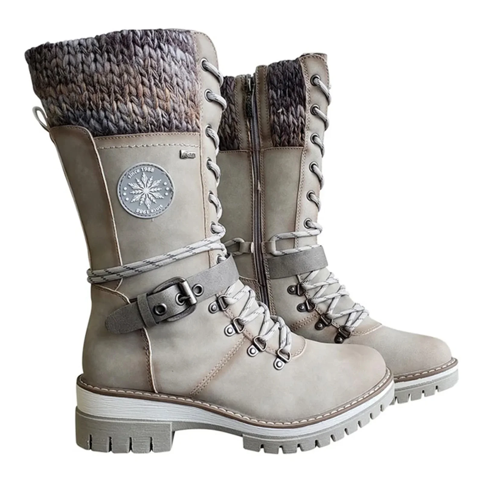 2023 Women Winter Buckle Lace Knitted Mid-calf Boots Low Heel Round Toe Boots Top Quality Winter Warm Boots Women Botas De Mujer