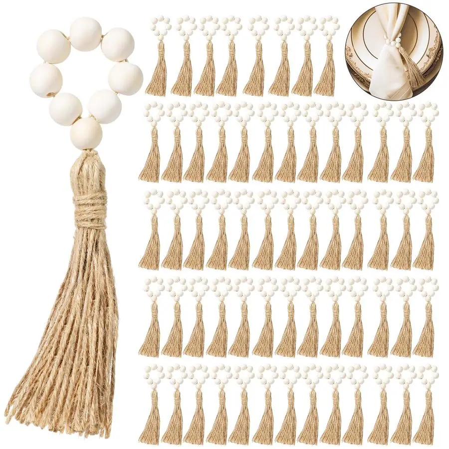 

60 Pcs Wood Bead Napkin Rings with Tassel Handmade Wooden Farmhouse Napkin Ring Natural Beaded Napkin Ring Holders for Tabletop