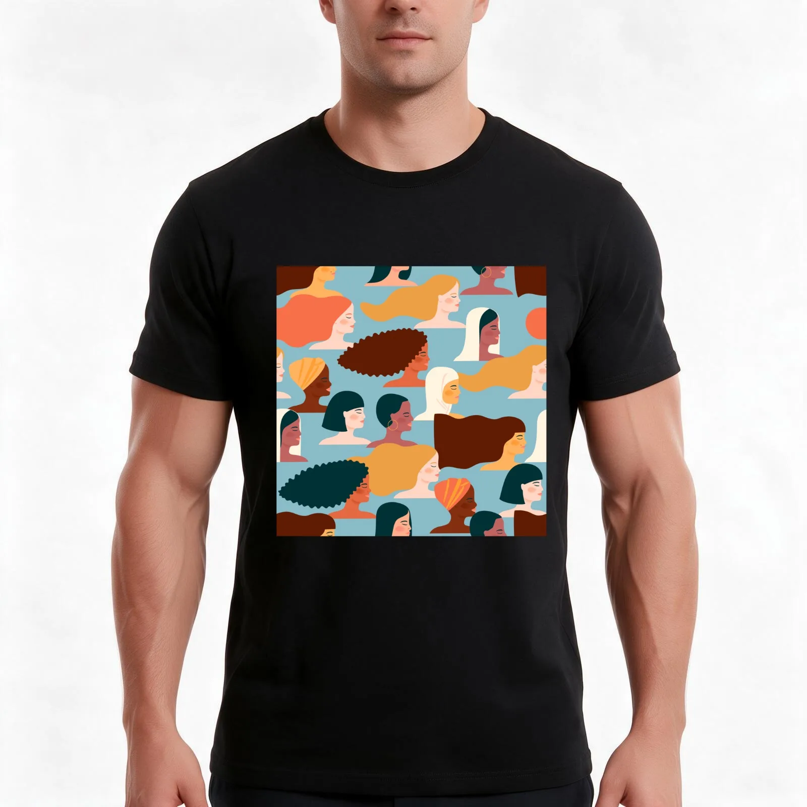 Colorful feminist pattern of women from all over the world T-Shirt, Summer Casual Cotton Tee, Oversized Streetwear Tops