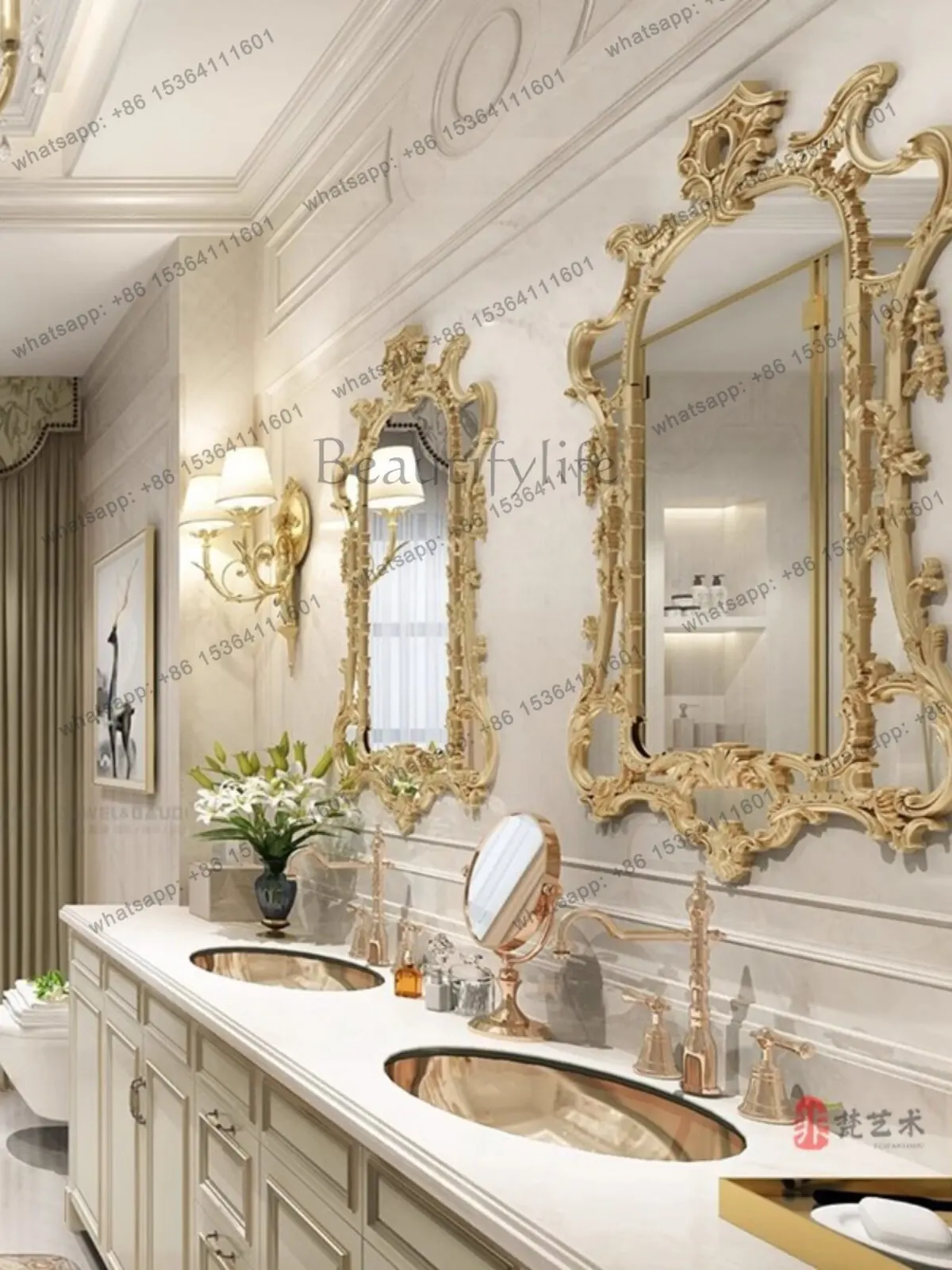 French light luxury bathroom mirror wall hanging household carved retro old decorative mirror