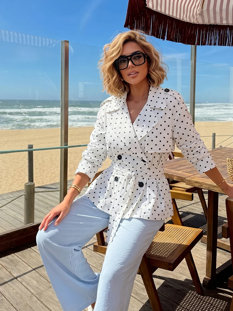 HH Vintage Polka Dot Short Trench Coat Double Breasted Belted Waist Jacket Spring Fall Business Casual Office Retro Streetwear