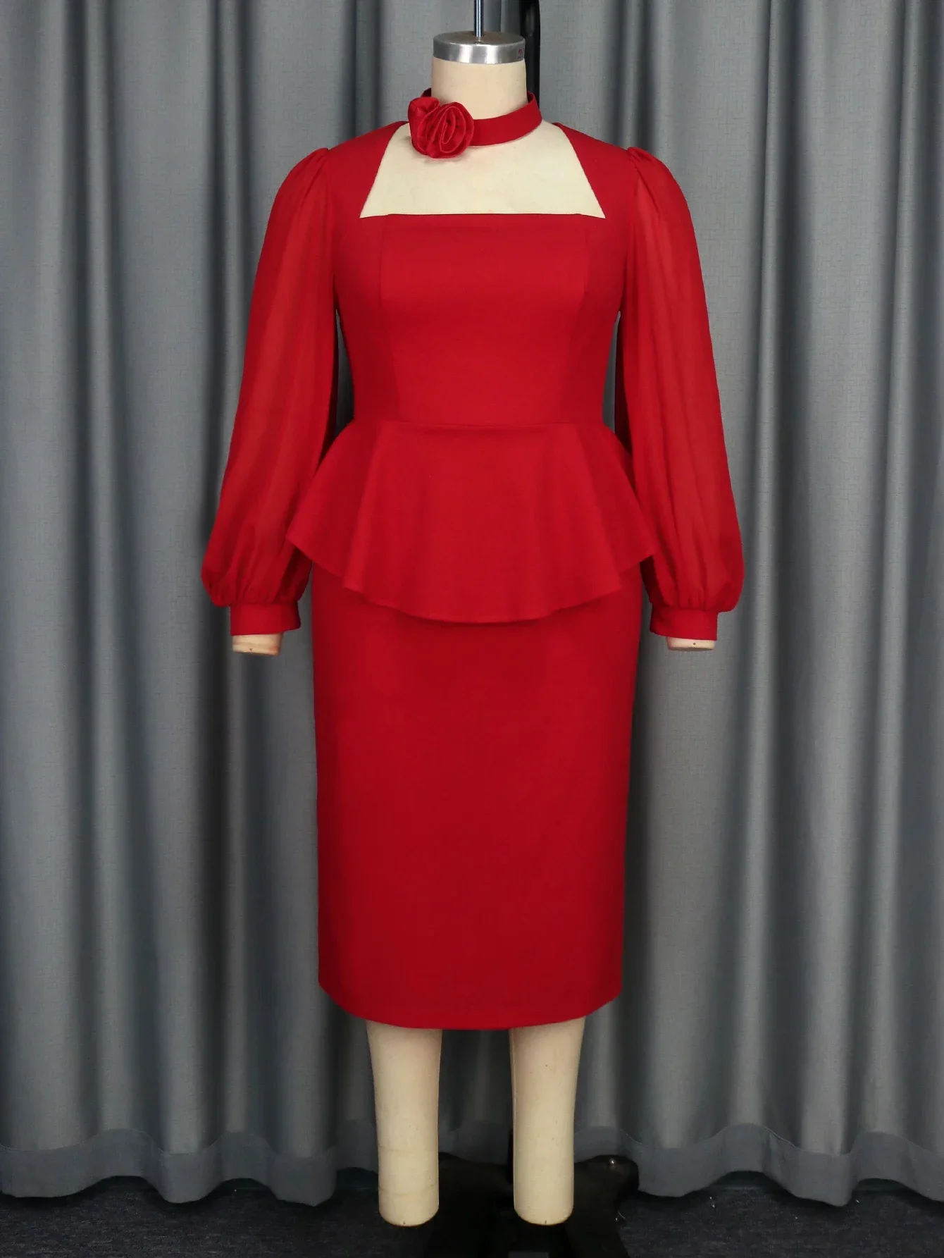 Plus Size Women Red Midi Dress Square Collar Long Lantern Sleeve High Waist Pencil Bodycon Evening Birthday Cocktail Party Gowns