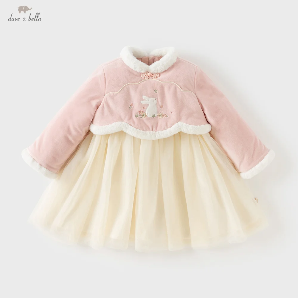 

Dave Bella Girls Dress Autumn Winter Baby Kid Velvet Mesh Skirt Rabbit Embroidery Outerwear Gentle Cute Children Dress DB4254347