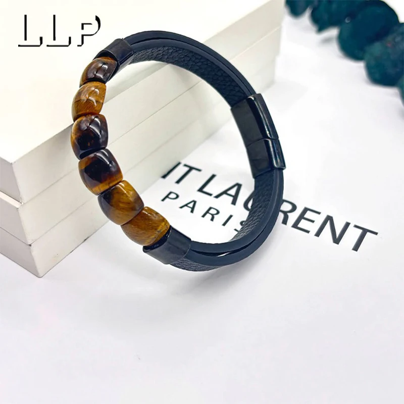 

Official Website High-End Leather Natural Tiger Eye Stone Bracelet New Hand-Woven Fashion Men's Accessories Jewelry Wholesale