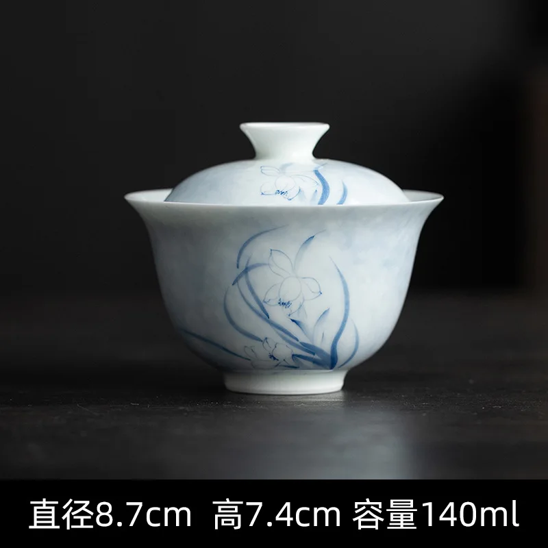 Clearance Ceramic Hand-Painted Narcissus Flower Kung Fu Set Autumn Water Orchid Gaiwan Tea Cup Teapot Holder Promotio