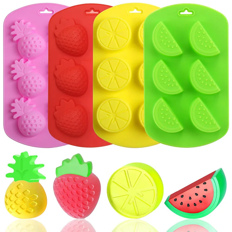 4 Pack Fruit Shaped Silicone Pineapple Orange Watermelon Strawberry Mold Chocolate Baking Mould Summer Fruit Jelly Cake Ice Cube