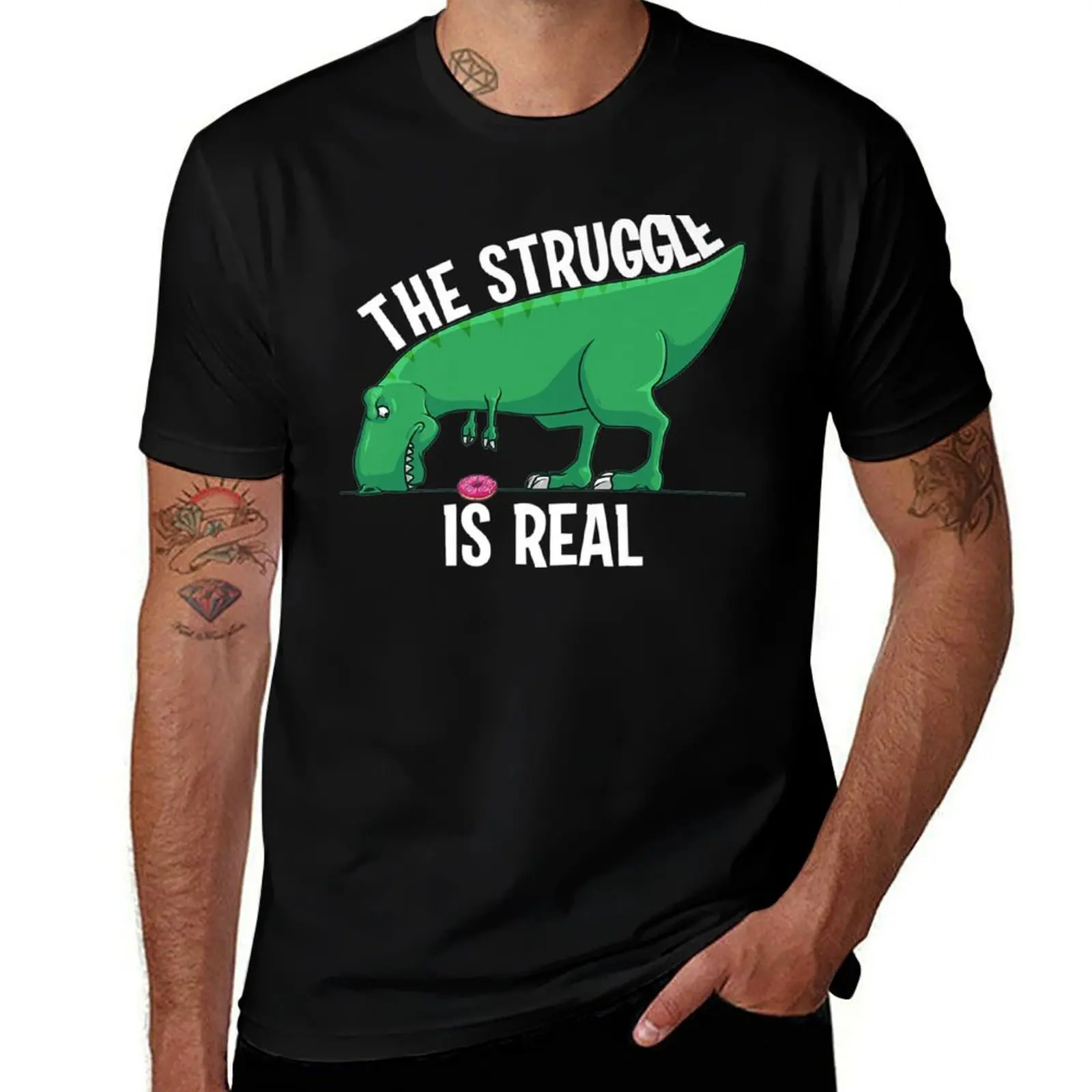 Funny T-Rex Gift Men Women Cool The Struggle Is Real Donuts Premium T-Shirt Big and Tall Casual T-Shirt