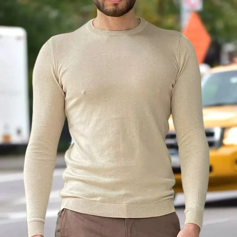 

Мужской весенний тонкий облегающий свитер с круглым вырезом, элегантный и модный универсальный базовый вязаный свитер, тонкий свитер с длинными рукавами