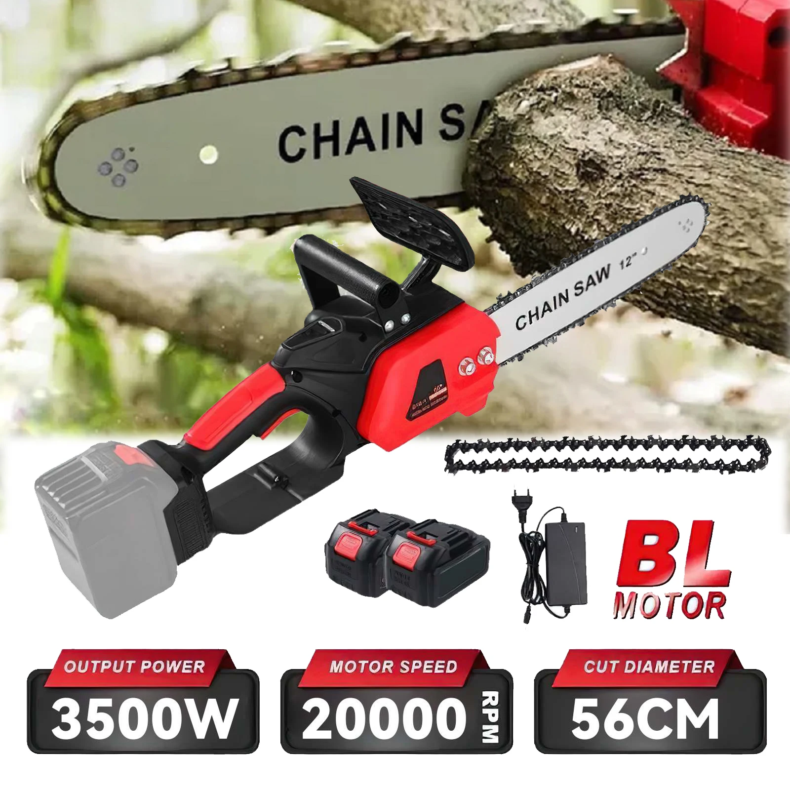 3500W Bürstenlose 12-Zoll Elektrische Kettensäge Kabelloses Schneidwerkzeug für Holzarbeiten Handgehaltener Gartenschneider für Makita 18V Akku