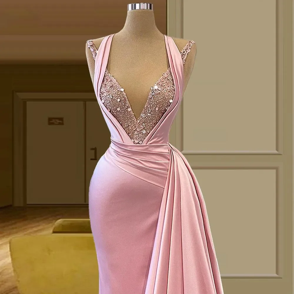 Pink Mermaid Evening Dresses Dubai Sleeveless Party Lace Sequins Women Prom Dress Middle East Sweep Train Custom Evening Dress