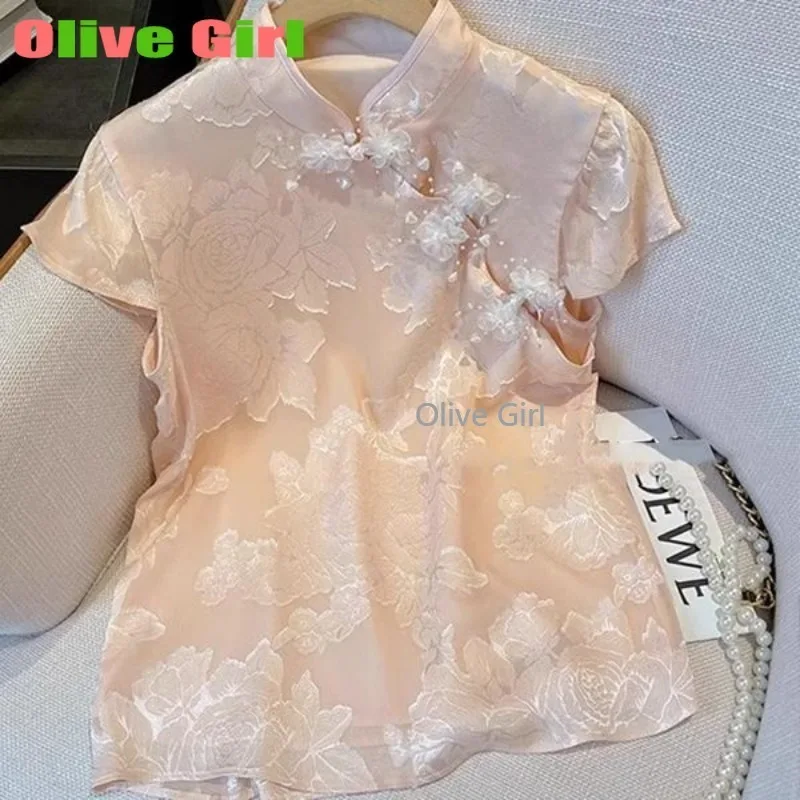 

2025 Summer Short-sleeved Shirt Women's Jacquard Retro Temperament Elegant Gentle Button-up Short Top New Pink Chinese Style