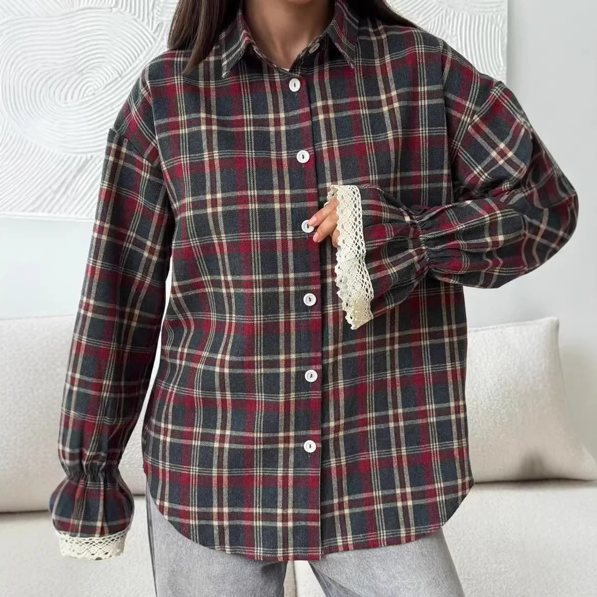 KIDCRKJ Women Shirts Vintage Oversized American Blouse Streetwear Women Tops Shirt Lace Patchwork Long-Sleeve Outerwear Top New