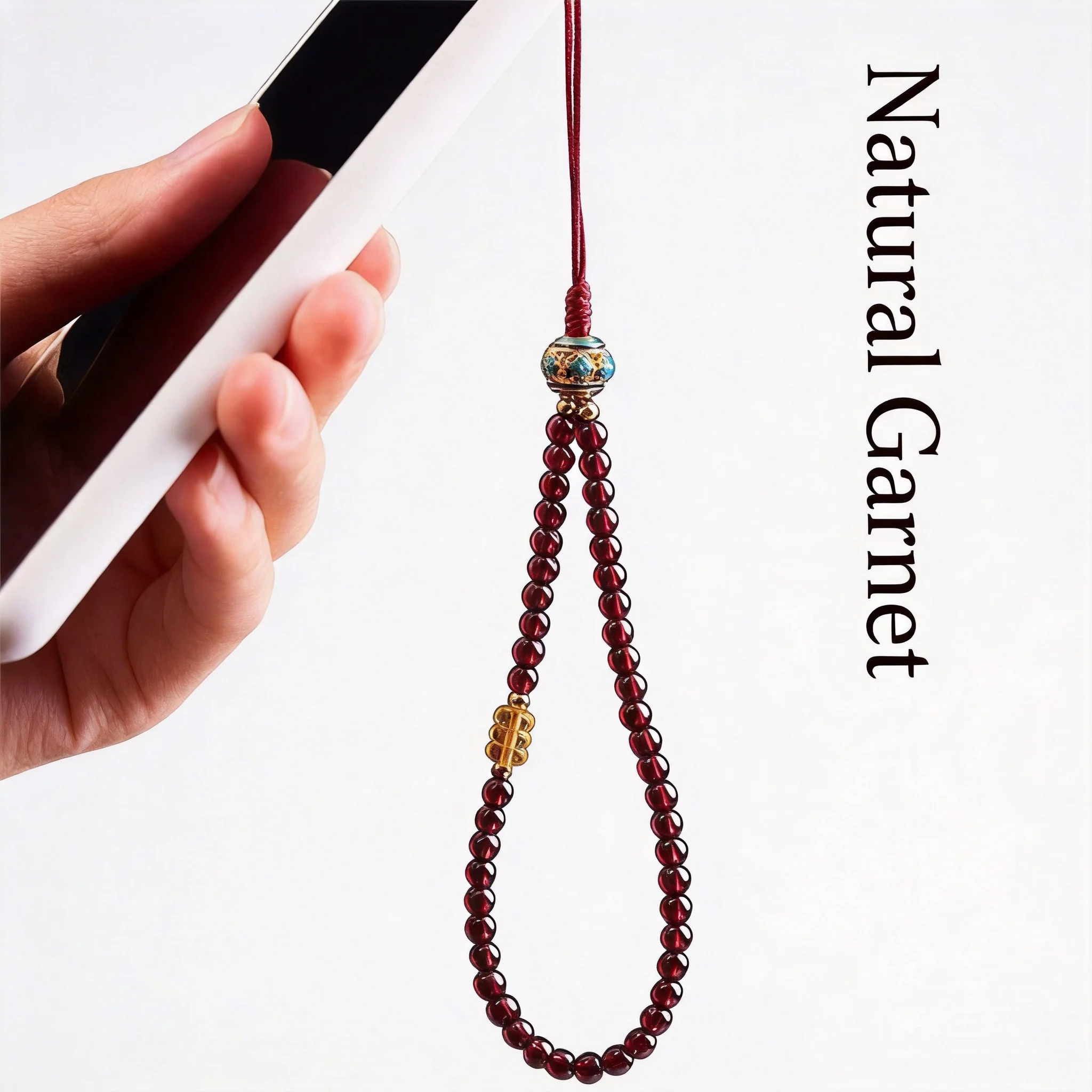 Chinese Style Lucky 5a Natural Garnet Beaded Wrist Lanyard Good Fortune Blessing Wealth Phone Strap U Disk Keychain Pendant Gift