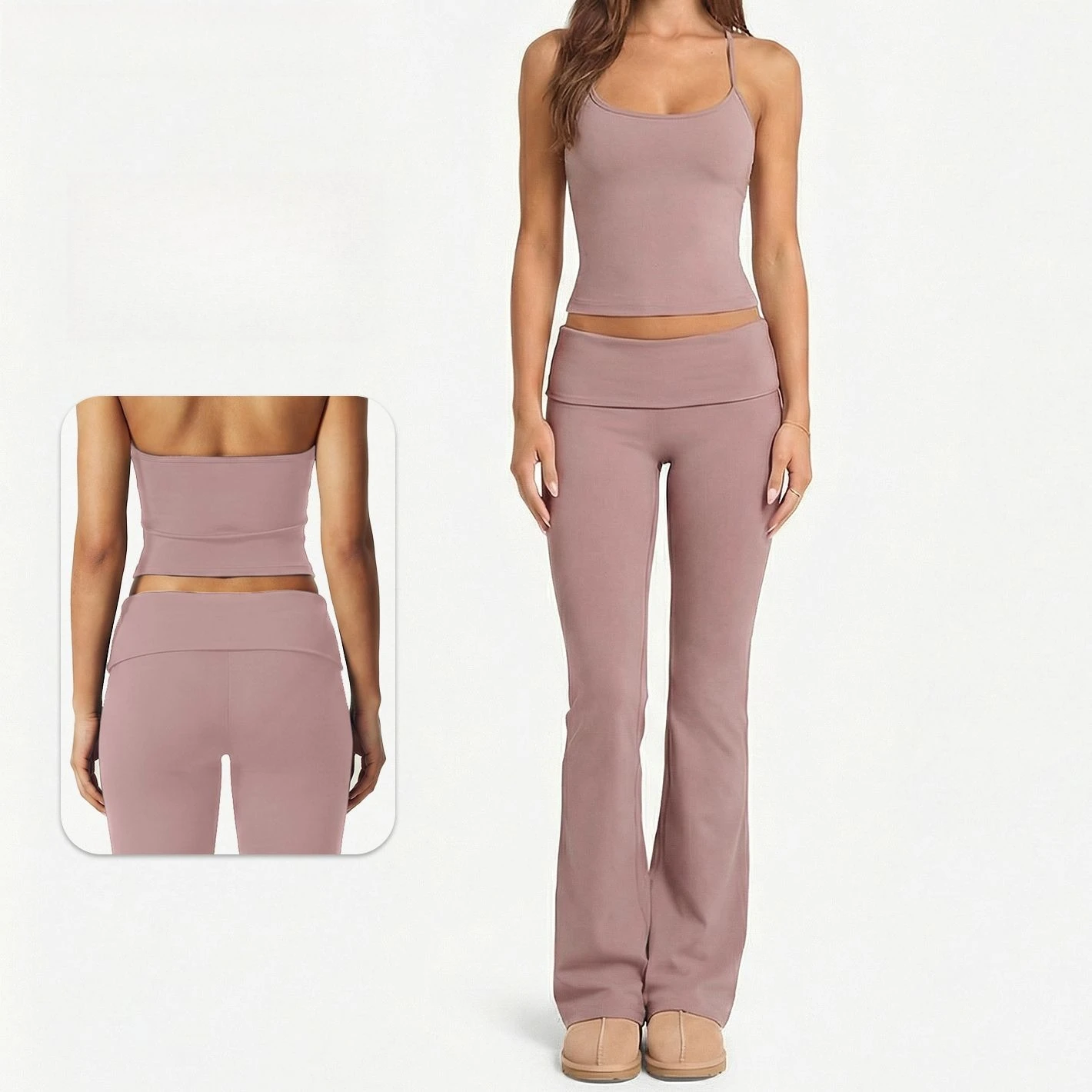 Fitness Outfit Nude Skin Halter Sling High Rise Cuff Flared Leg Pants For Ladies Daily Workout Stretch Bodycon Yoga Tracksuit