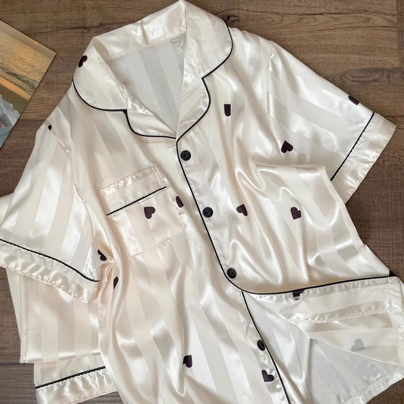 

Французская Милая Элегантная черная женская пижама с принтом в форме сердца корейская домашняя одежда в стиле Харадзюку В Полоску Новинка 2024 летняя Пижама Y2k