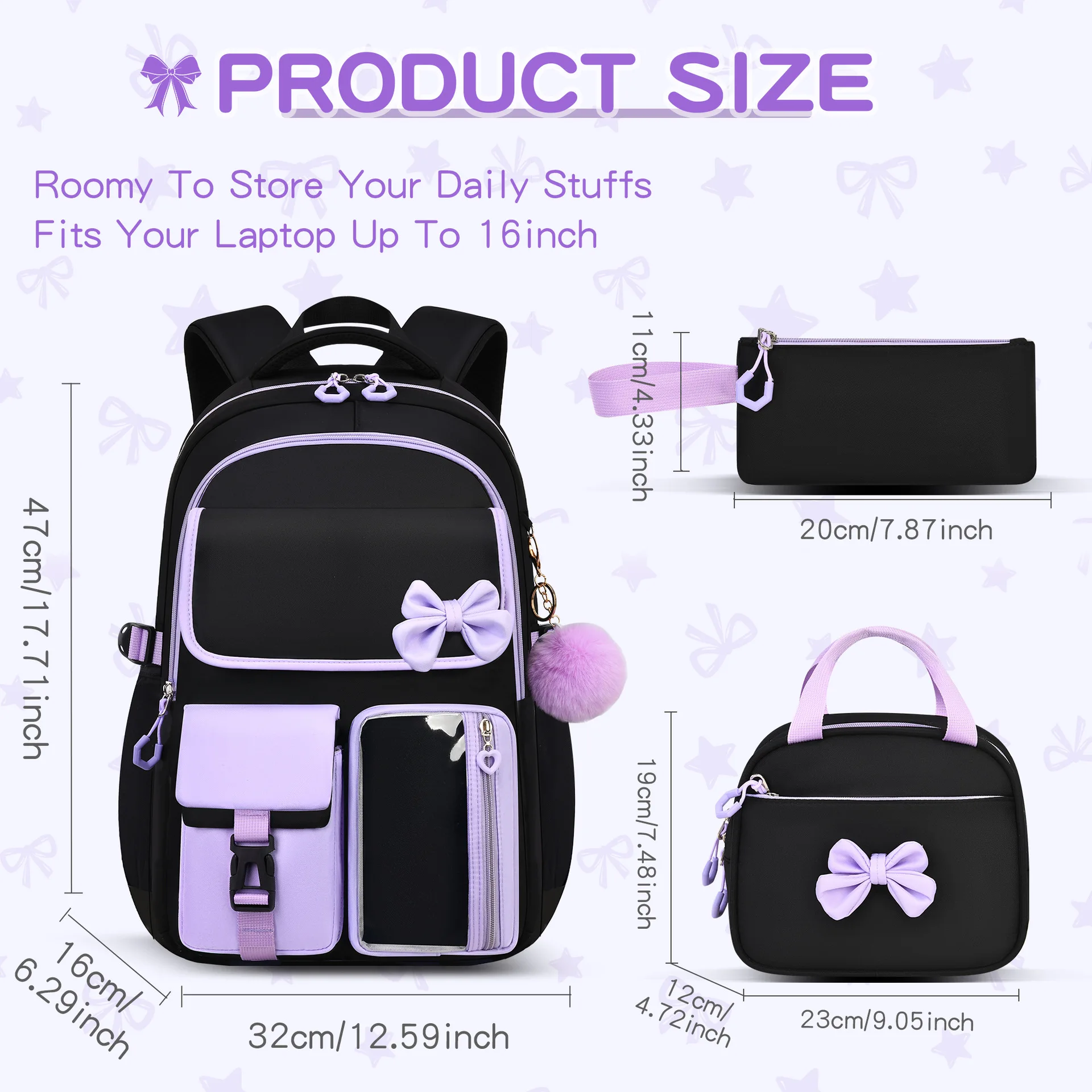 Three-piece Purple School Bag Set Casual with Pen Bag Students Schoolbag Durable with Lunch Bag Large Capacity bow Backpack book