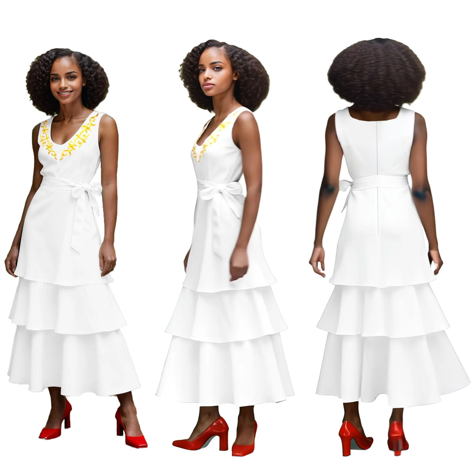 

DBQ Women's African Dress Gold Appliques Sweatheart Collar Sleeveless Ankle-Length 3-Layer Flare Casual Dress for Date BD074