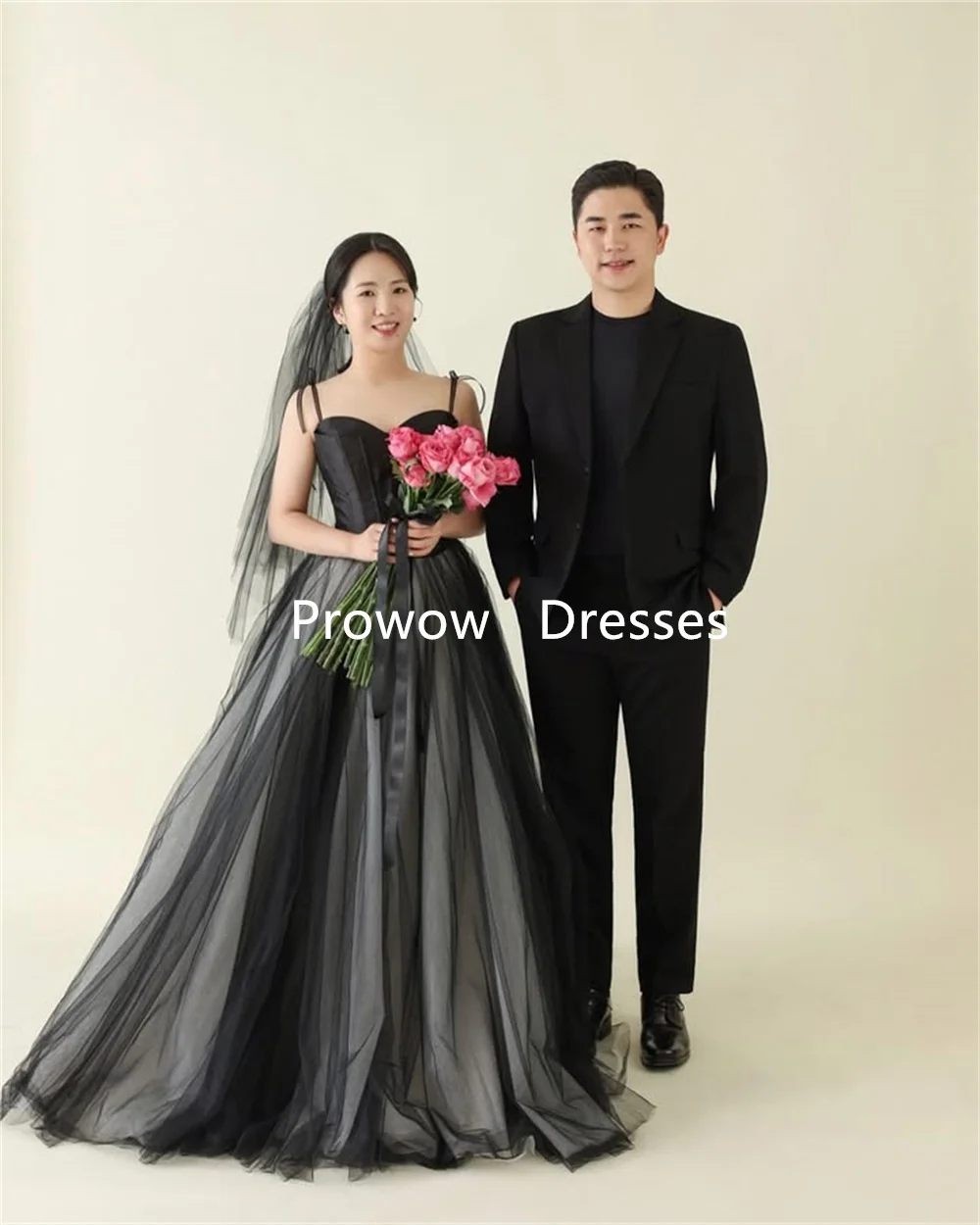 Prowow 2025 Black Korea Prom Dresses Wedding Photo Shoot Soft Tulle Party Gowns Spaghetti Straps A Line Floor Length Customized