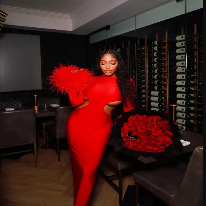 

Сексуальное платье для выпускного вечера с красным вырезом и перьями русалки по индивидуальному заказу, сексуальное платье для выпускного вечера с длинными рукавами, Vestidos De Noche, длиной до пола, торжественное вечер 2026