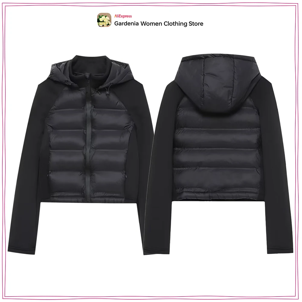 Fashion Removable Hoodie Combination Padded Jackets for Women High Collar Long Sleeve Black Zipper Jacket with Adjustable Hoodie