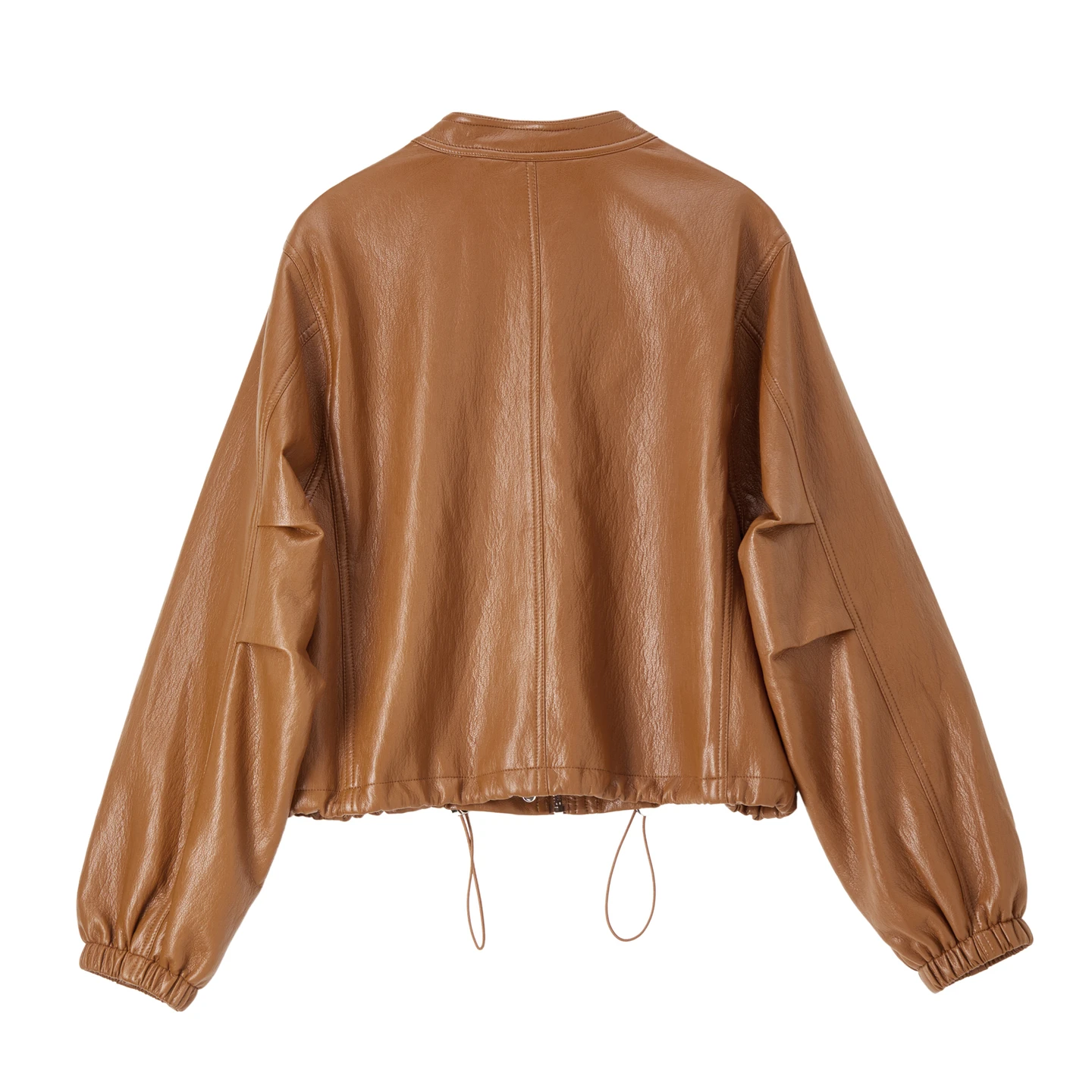 SENTUBILA Women Vintage American Faux Leather Jacket Adjustable Drawstring Sweet‑Edgy Round Neck Moto Autumn Outerwear W63GA8052