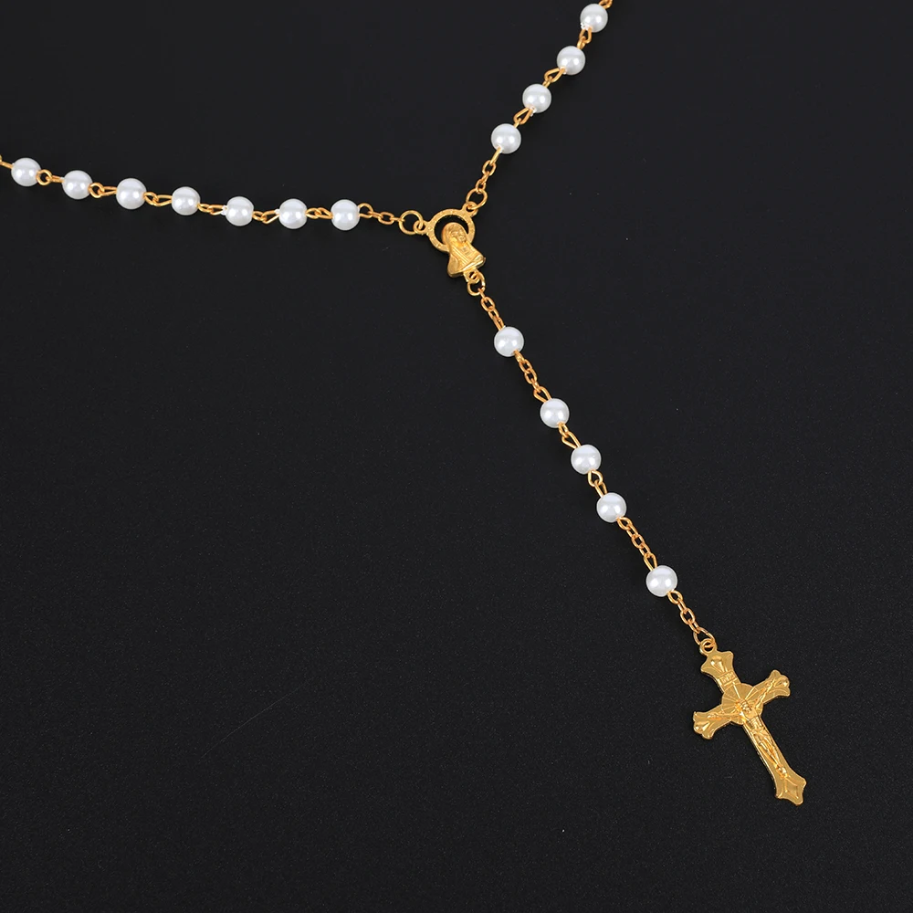 Colar de rosário de pérola redonda, 6mm, para mulheres, crucifixo religioso católico, pingente de cruz, contas longas, corrente, homens, joias de oração, presente
