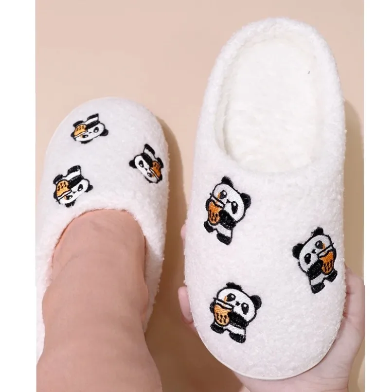

House Fuzzy Slipper Women Panda Cute Kawai Fluffy Winter Warm Fur Plush Indoor Female Furry Home Shoe Flat Flip Flop Ladies Men