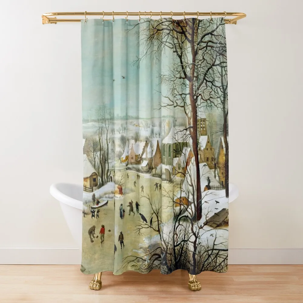 Pieter Bruegel the Elder Winter landscape with skaters and bird trap Shower Curtain For Bathroom Shower Shower Bath Curtain