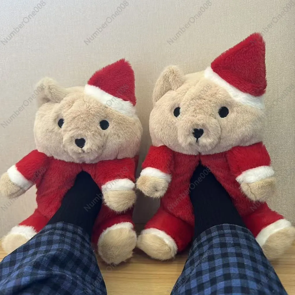 

Рождественские плюшевые тапочки с медведем, нескользящая мягкая теплая домашняя обувь с милым животным дизайном, праздничный подарок
