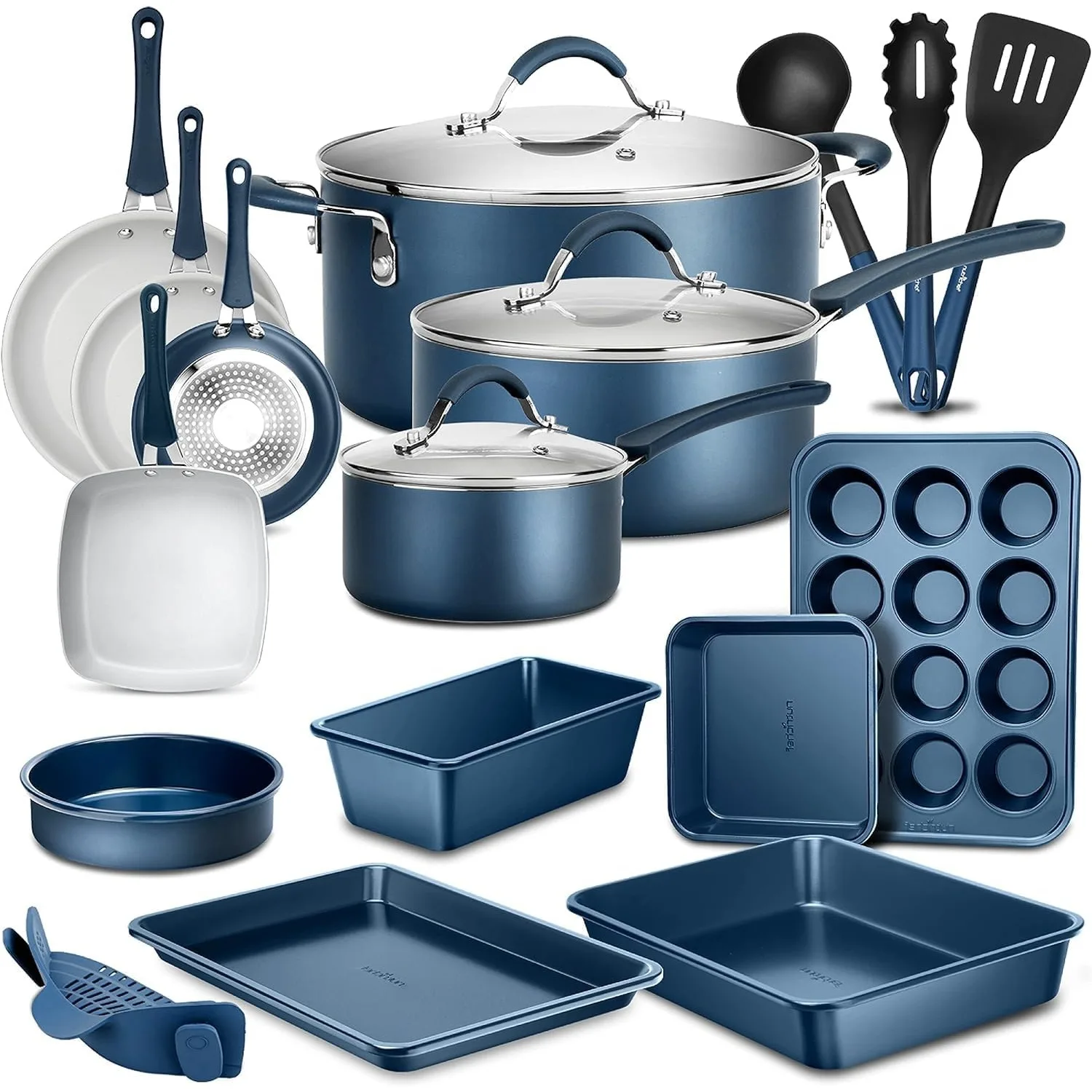 NutriChef Professional 20 Pc Kitchen Set Navy Blue Durable Non-Stick Pots and Pans with Bakeware Set Compatible with Any Cooktop