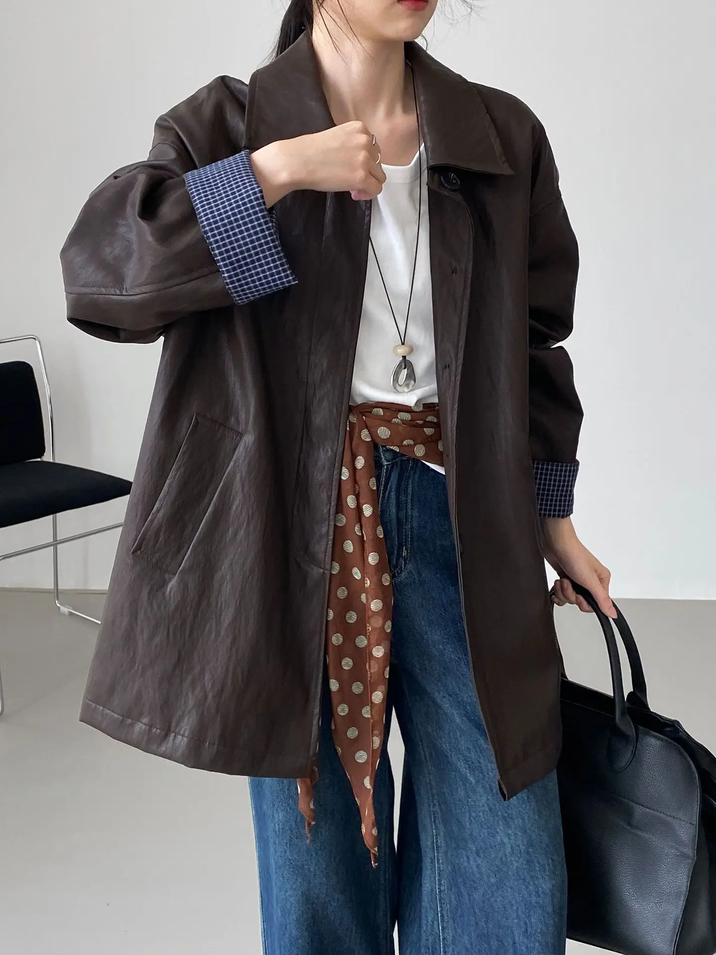 SuperAen rétro col Polo veste en cuir Pu femmes automne nouveau Style coréen mode décontracté Patchwork à manches longues manteau