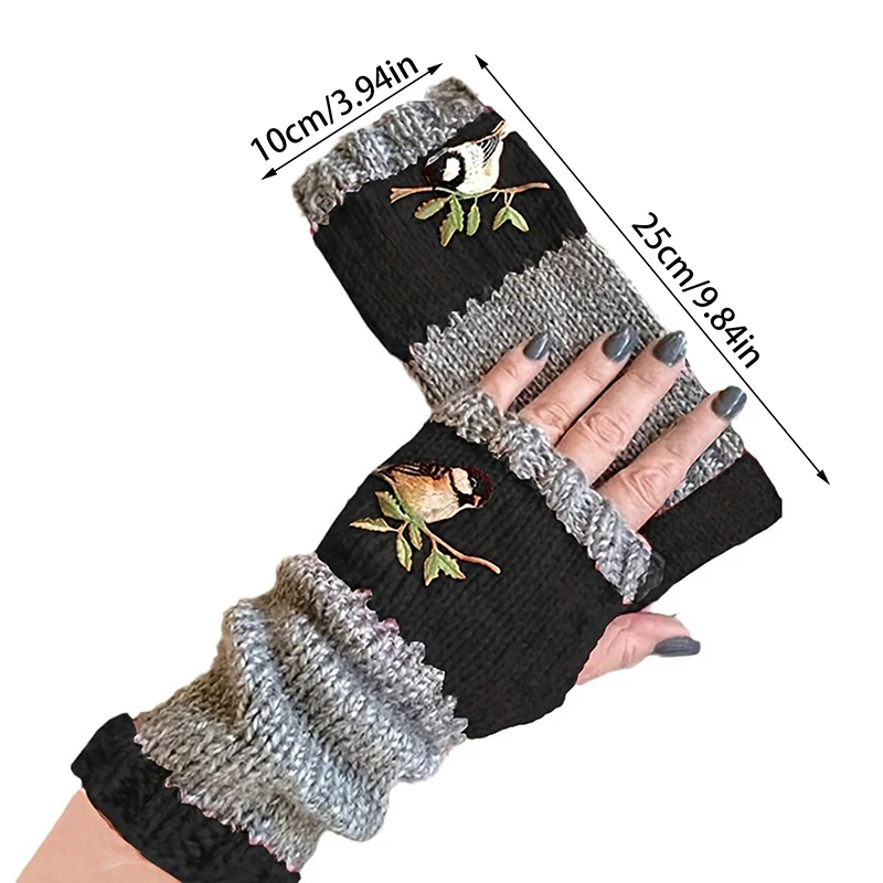 Embroidered Bird Gloves Women's Cotton Fingerless Gloves Knit Block Splice Mittens Women's Fingerless Gloves Christmas Gift