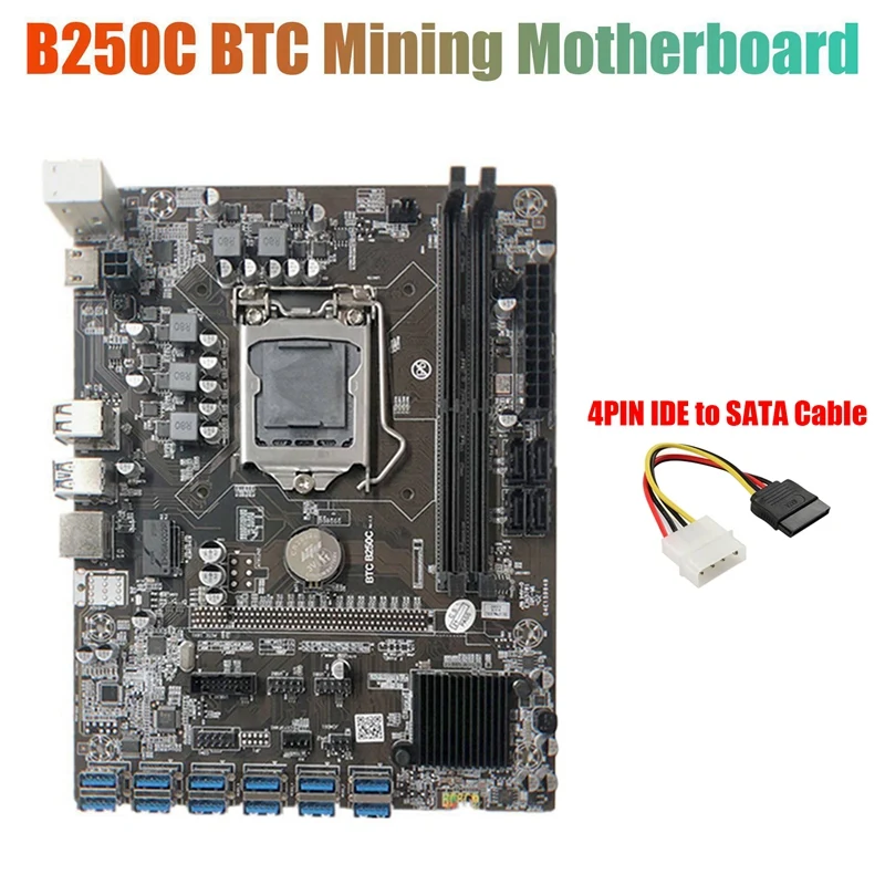 B250C Mining Motherboard With 4PIN IDE To SATA Cable 12 PCIE To USB3.0 GPU Slot LGA1151 Support DDR4 RAM