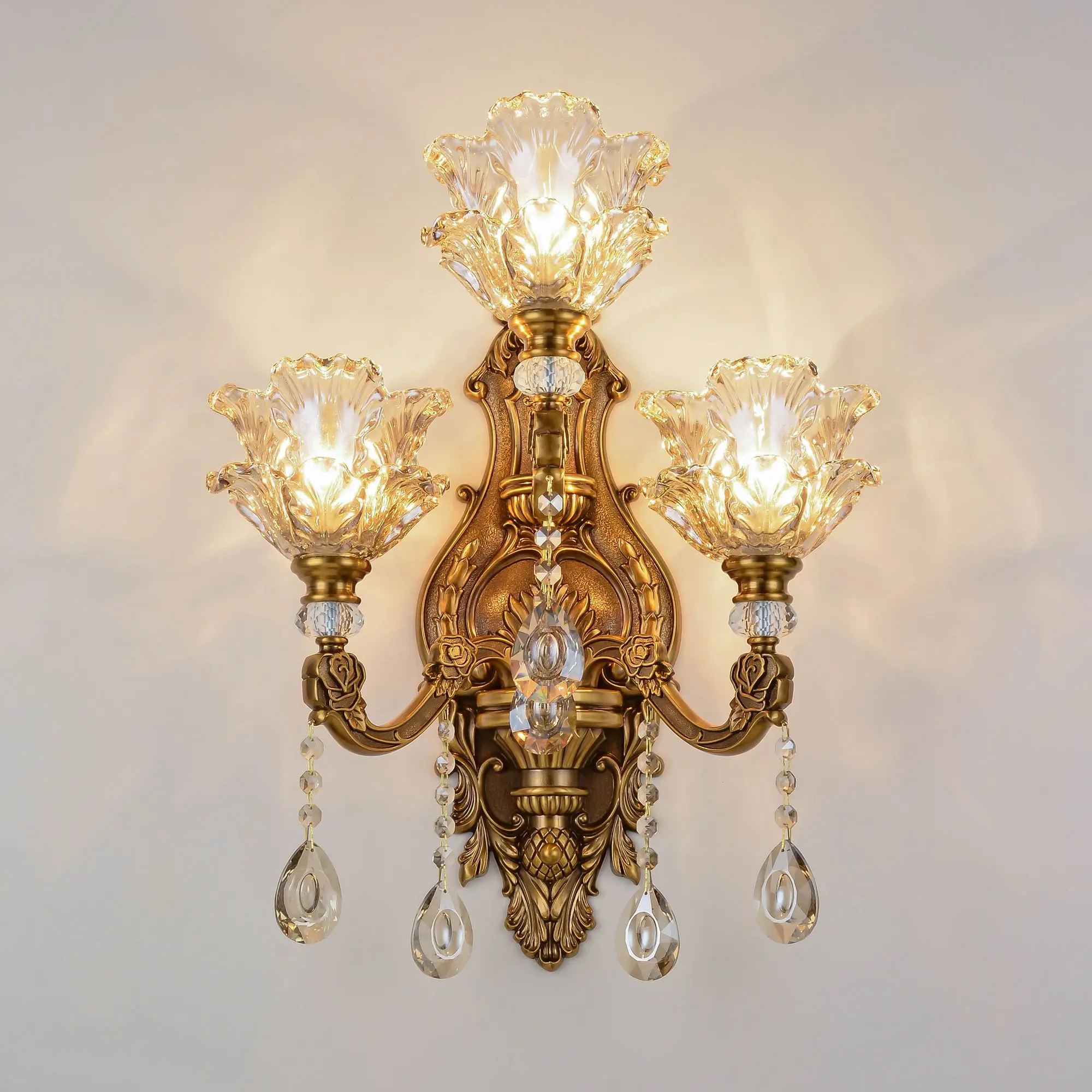 European Retro Luxury Crystal Wall Lamp Living Room Background Wall Light Villa Lights Bedroom Bedside Lamp Candle Lamp LED Deco