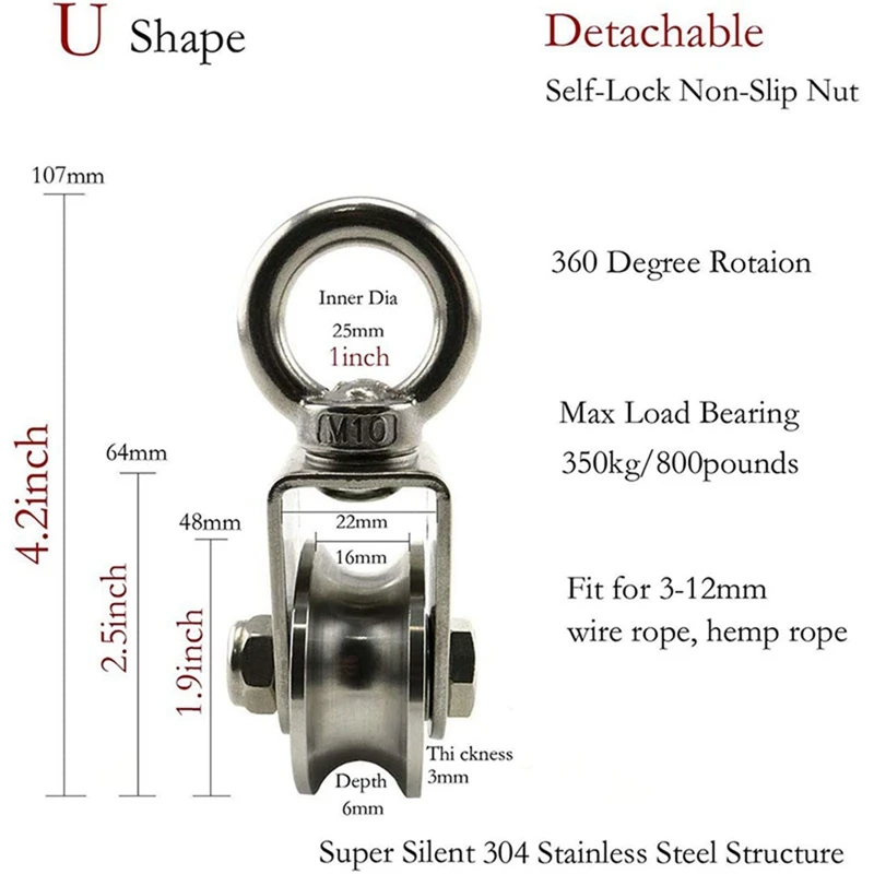 2X U Type Swivel Pulley 304 Stainless Steel Duplex Bearing Silent Detachable 360 Degree Rotation