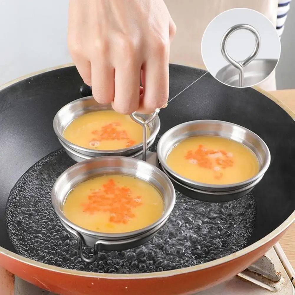 Egg Poacher Pan 3-cavity Stainless Steel Egg Mold Non-stick Poached Egg Rings with Handles 3-in-1 Breakfast Tool for Boiled Eggs