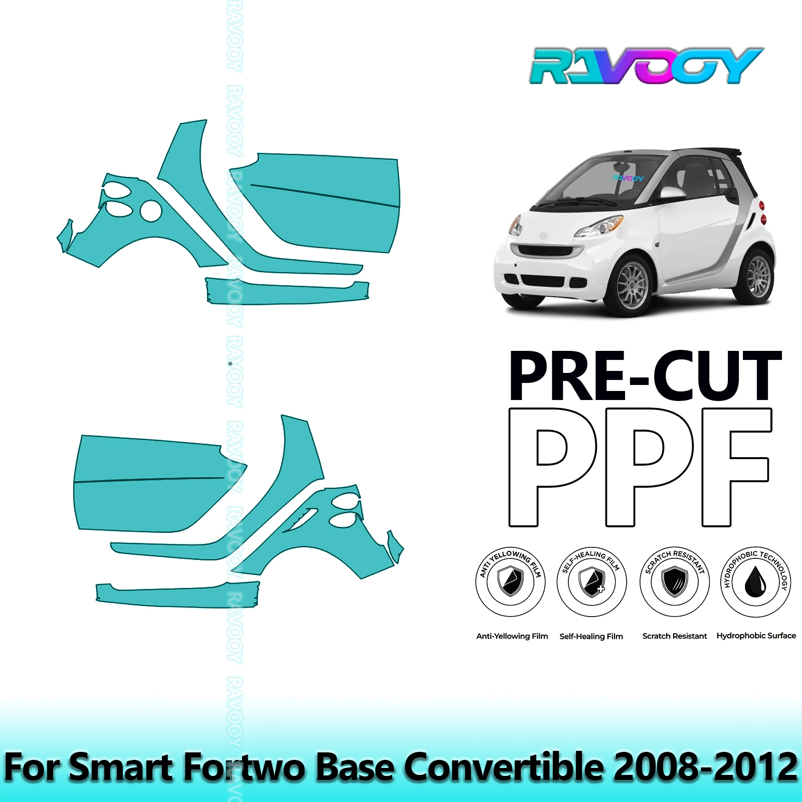 

For Smart Fortwo Base Convertible 2008-2012 8.5mil Clear Matte Pre-Cut PPF Door & A/B Pillar Kit TPU Paint Protection Film Set