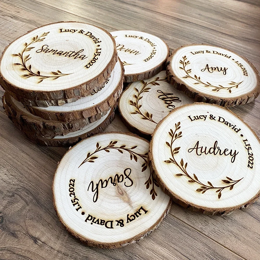 

Custom Wedding Place Card Name Sign Guest Gift Name Tags Personalized Wood Party Place Setting Cards Rustic Coasters