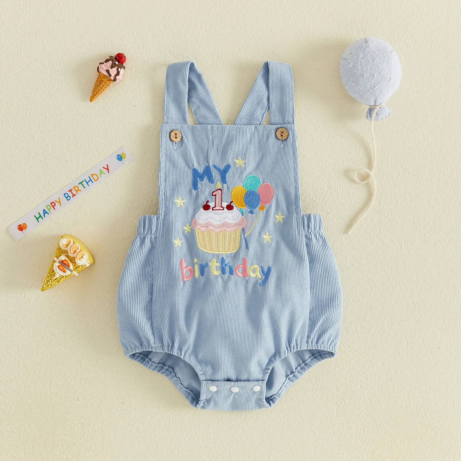 Baby Girl Birthday Romper Letter Embroidery Corduroy Sleeveless Bodysuits Overalls