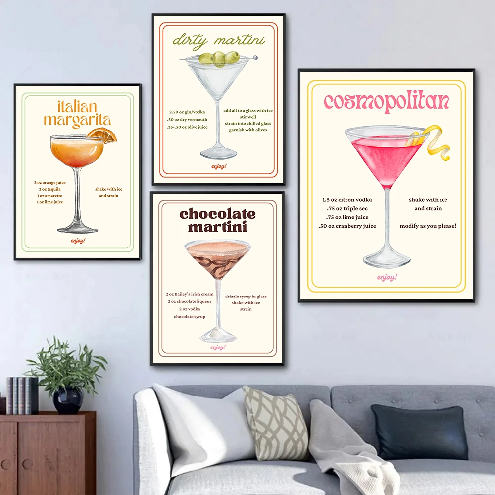 Retro Minimalist Classic Cocktails Martini Mojito Margarita Alcohol Poster Canvas Painting Wall Art Pictures Home Room Bar Decor